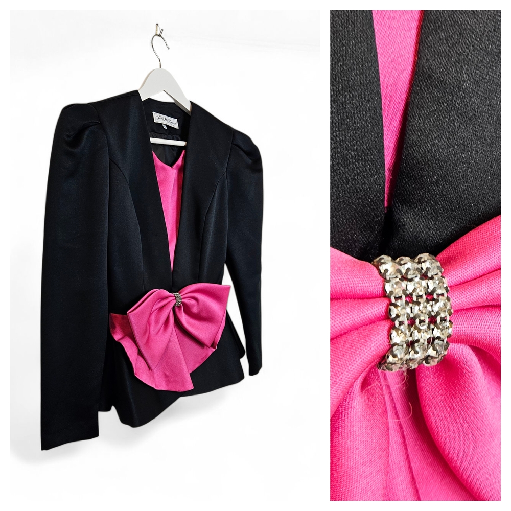 Vintage 80s Saks Fifth Avenue Blazer Fuchsia Bow Rhinestone Peplum Evening Black